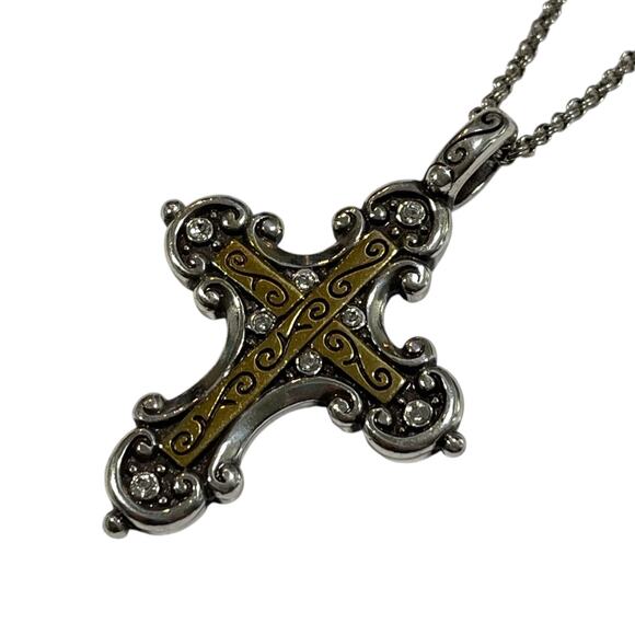 Brighton Cross Pendant Necklace Two Tone Silver Gold with Crystals and Chain 18" - Picture 3 of 9